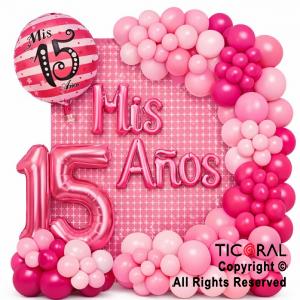SET DE GLOBOS ARCO XL MIS 15 A�OS TONOS ROSA MA 57 UNIDADES